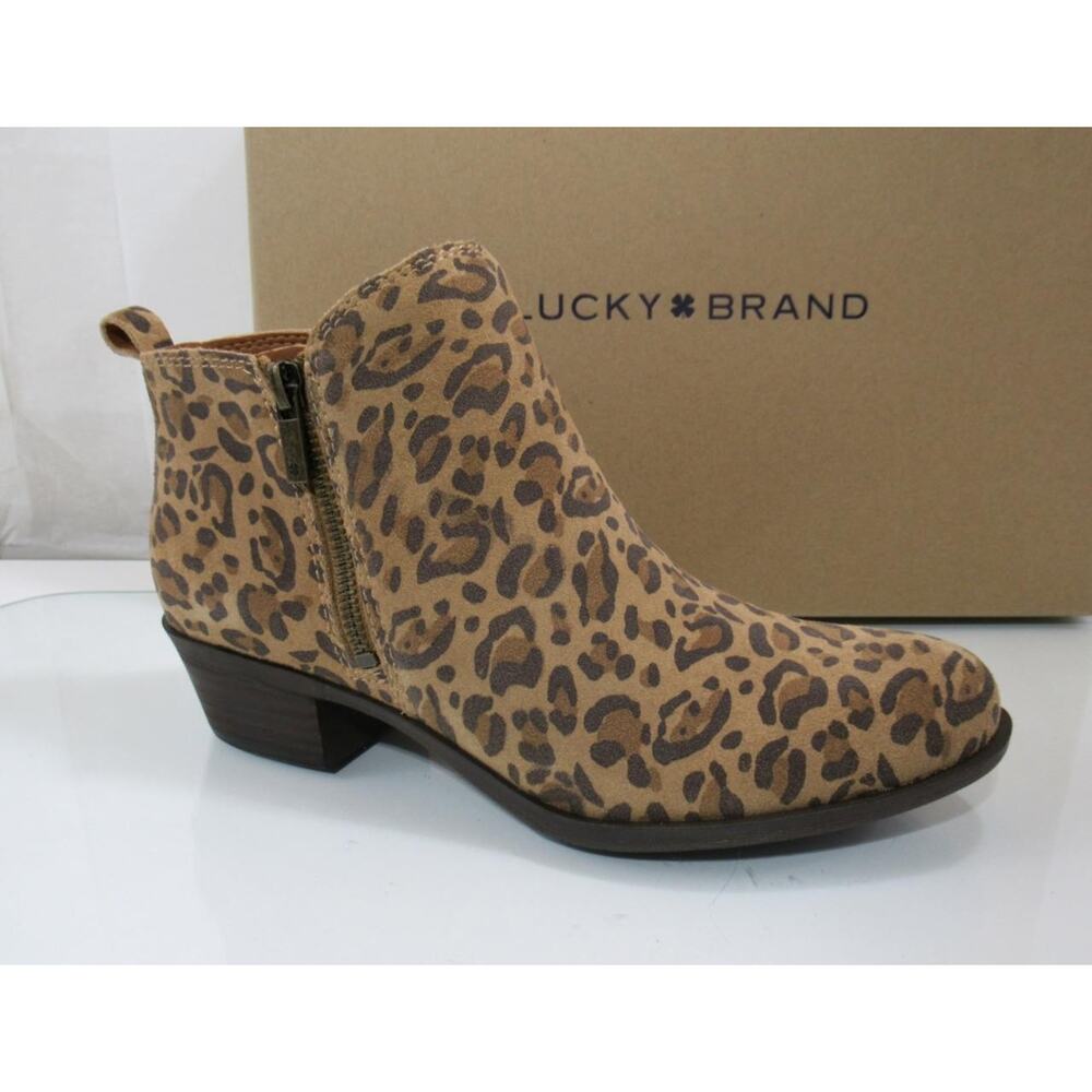 Lucky Brand Basel Size 7.5 Block Heel Booties Ankle Boots Out Zip Leopard